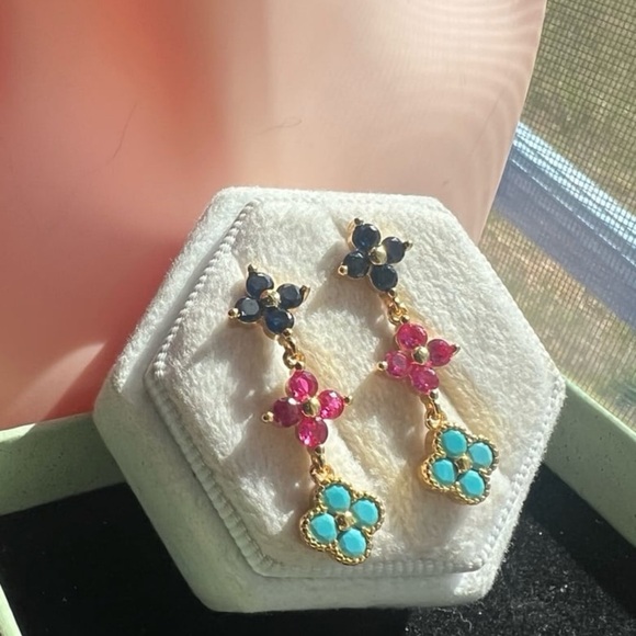 14kt gold plated clover multicolor ruby turquoise sapphire crystal earrings#338 - Picture 10 of 12